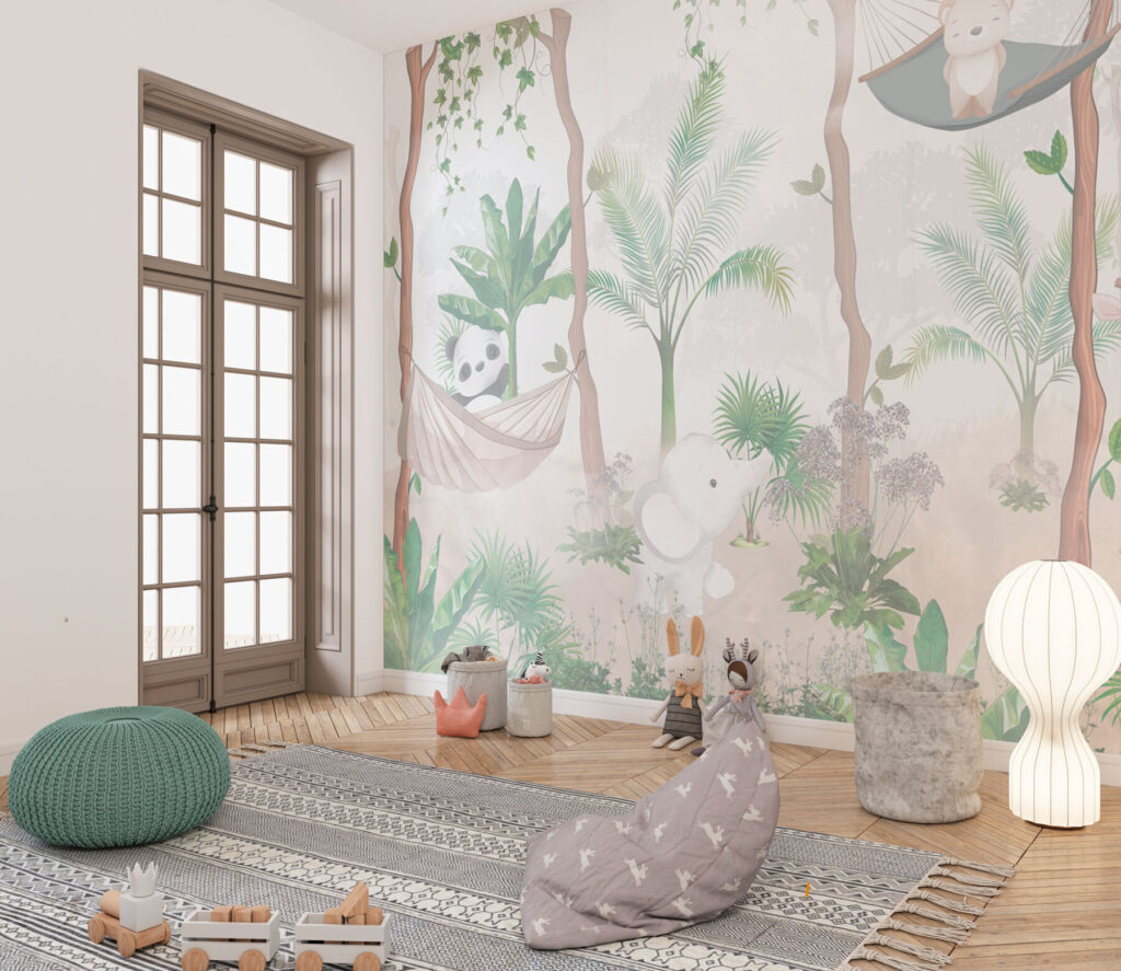 A wallpaper with animals in hammocks in the forest A wallpaper with animals in hammocks in the forest