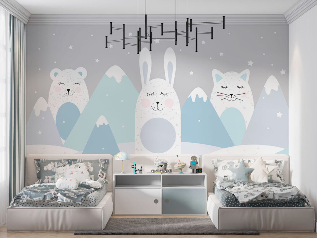 A group of animals in a snowy landscape A group of animals in a snowy landscape