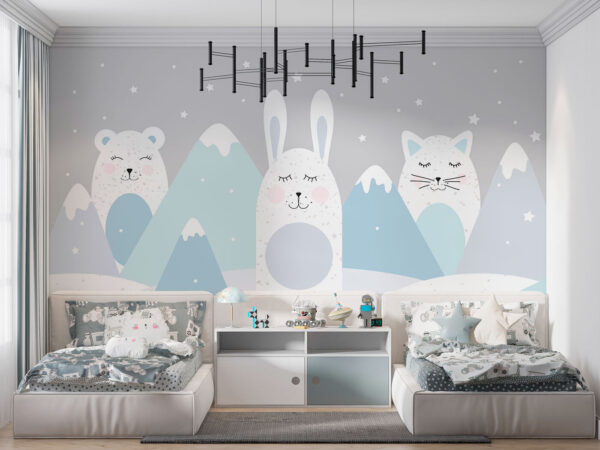 A group of animals in a snowy landscape A group of animals in a snowy landscape