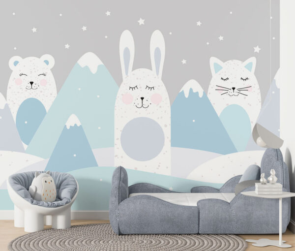 A group of animals in a snowy landscape A group of animals in a snowy landscape
