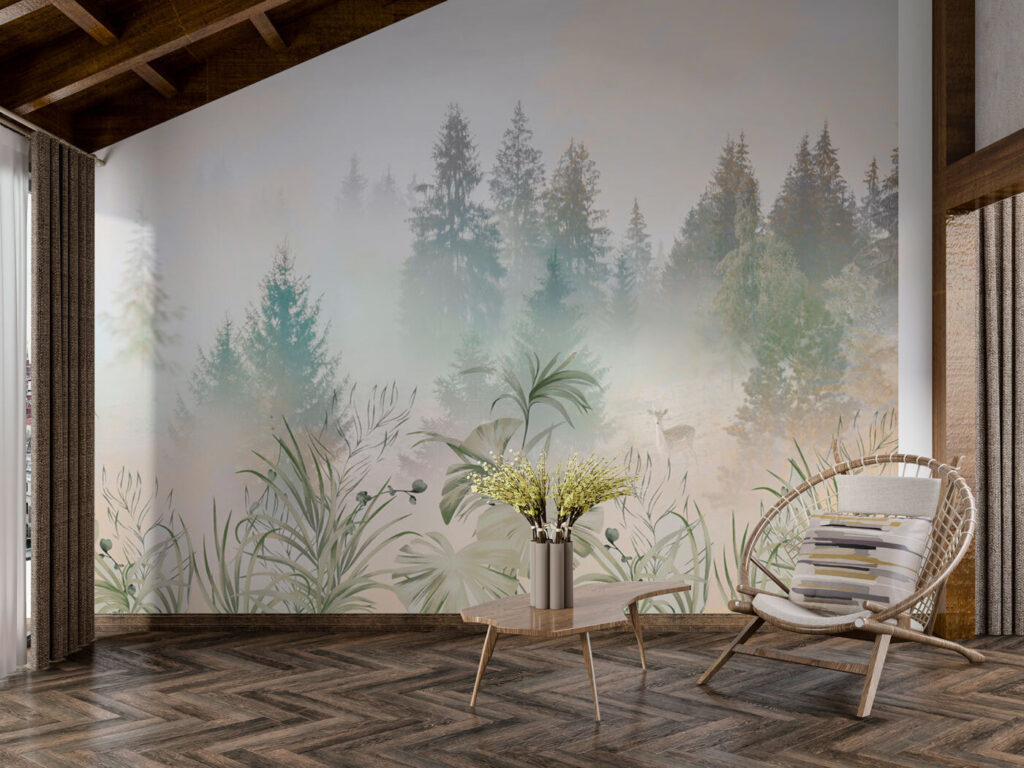 A foggy forest with plants and trees