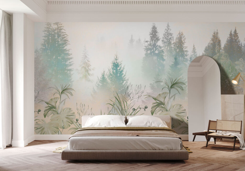 A foggy forest with plants and trees