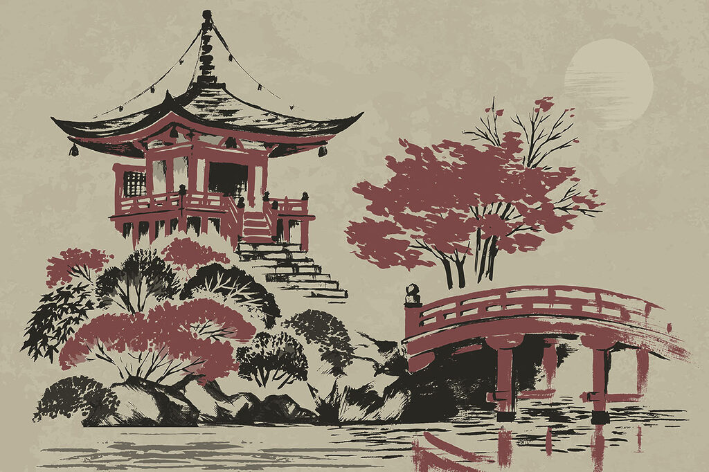 Il dipinto di una pagoda e di un ponte Il dipinto di una pagoda e di un ponte