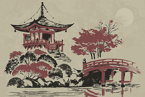 Il dipinto di una pagoda e di un ponte Il dipinto di una pagoda e di un ponte
