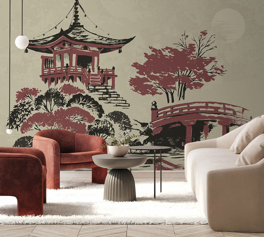 Il dipinto di una pagoda e di un ponte