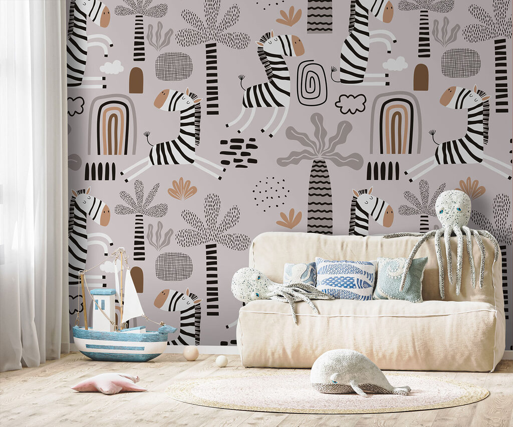 A pattern of zebras and trees