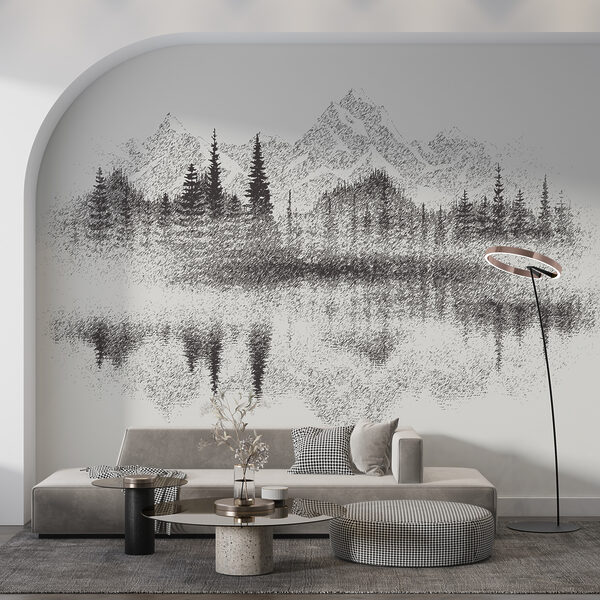 Una catena montuosa e alberi riflessi in un lago Una catena montuosa e alberi riflessi in un lago