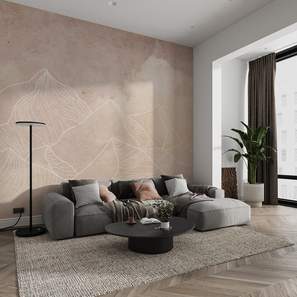 A drawing of mountains and clouds