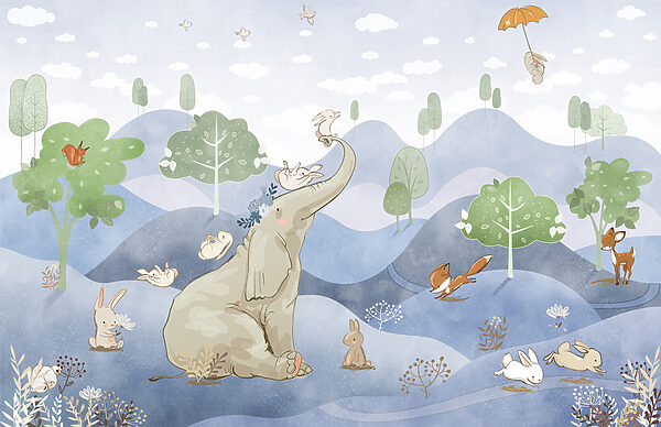 Un elefante e dei conigli in una foresta Un elefante e dei conigli in una foresta