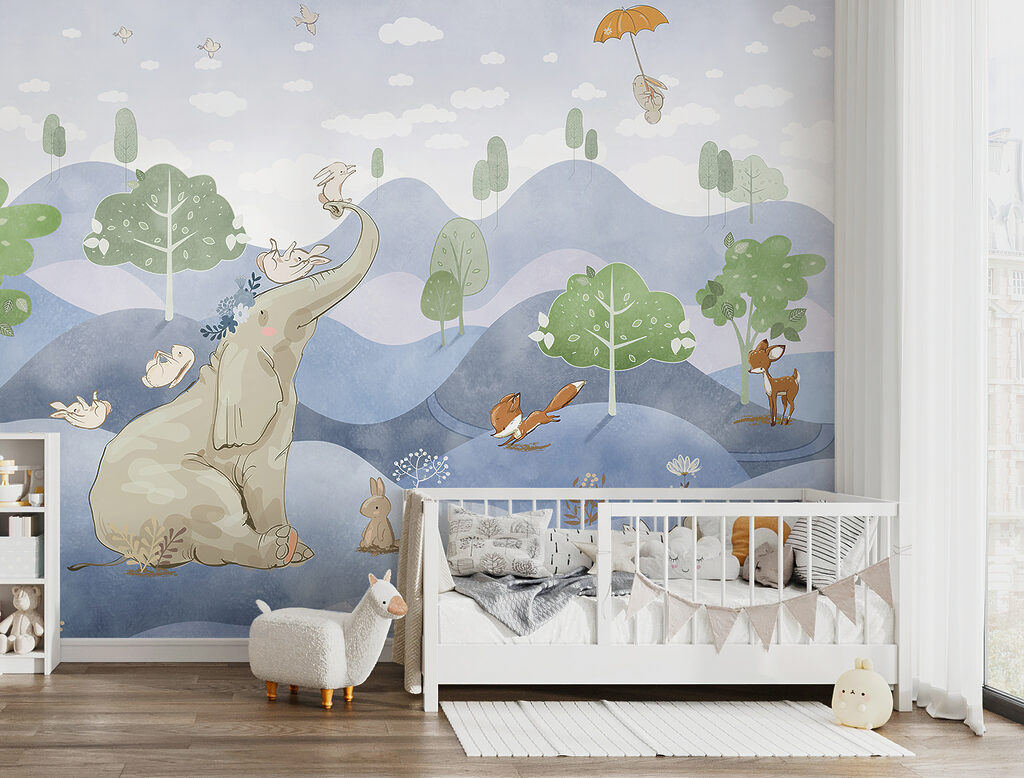 An elephant and rabbits in a forest