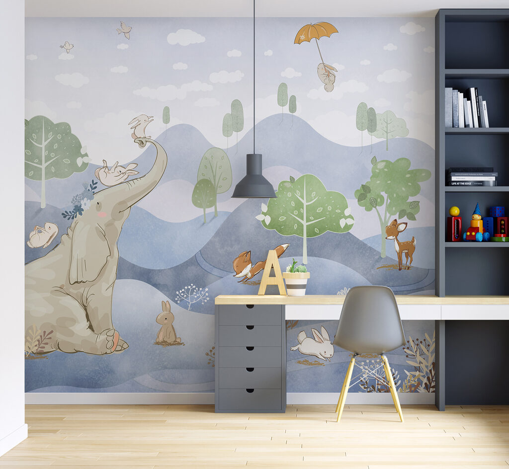 An elephant and rabbits in a forest