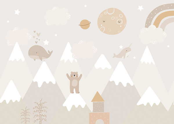 Un murale con un paesaggio da cartone animato Un murale con un paesaggio da cartone animato