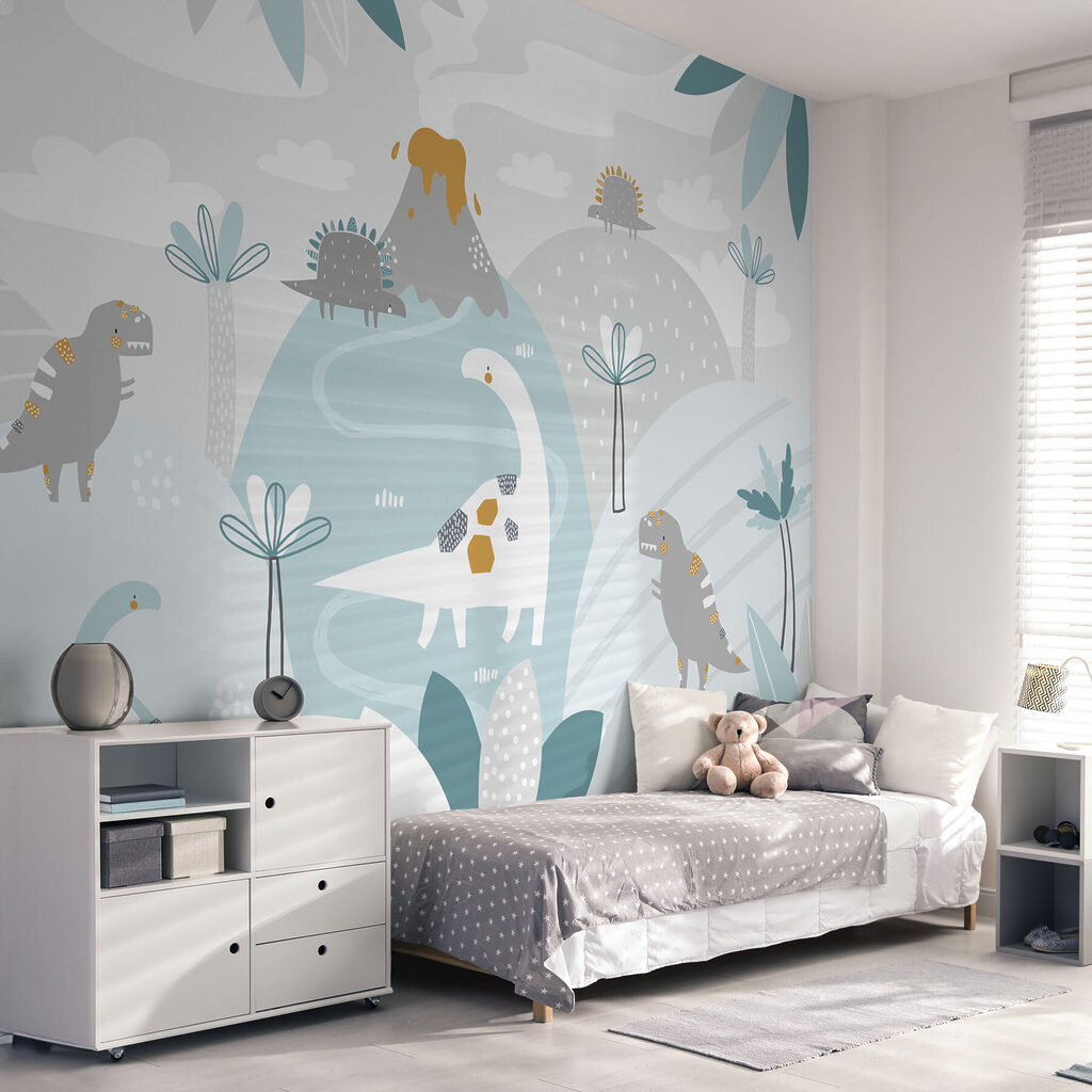 A cartoon dinosaur with a volcano and plants A cartoon dinosaur with a volcano and plants