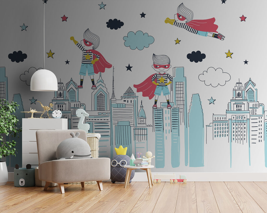 A cartoon of a superhero on a city A cartoon of a superhero on a city