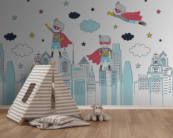 Una vignetta di un supereroe su una città Una vignetta di un supereroe su una città