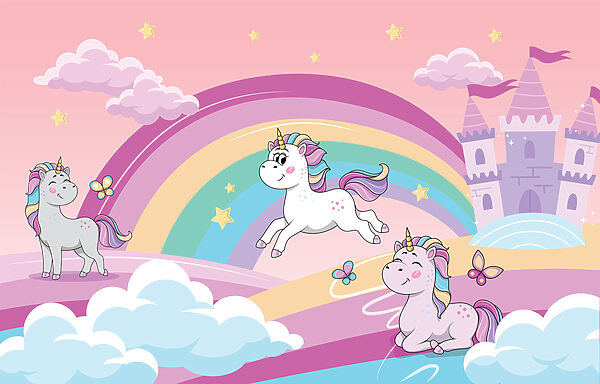 Un cartone animato di unicorni e un arcobaleno Un cartone animato di unicorni e un arcobaleno