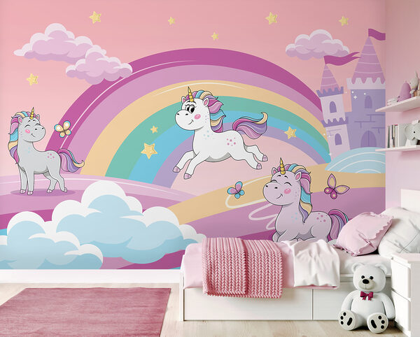 Un cartone animato di unicorni e un arcobaleno Un cartone animato di unicorni e un arcobaleno