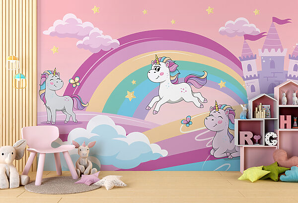 Un cartone animato di unicorni e un arcobaleno Un cartone animato di unicorni e un arcobaleno