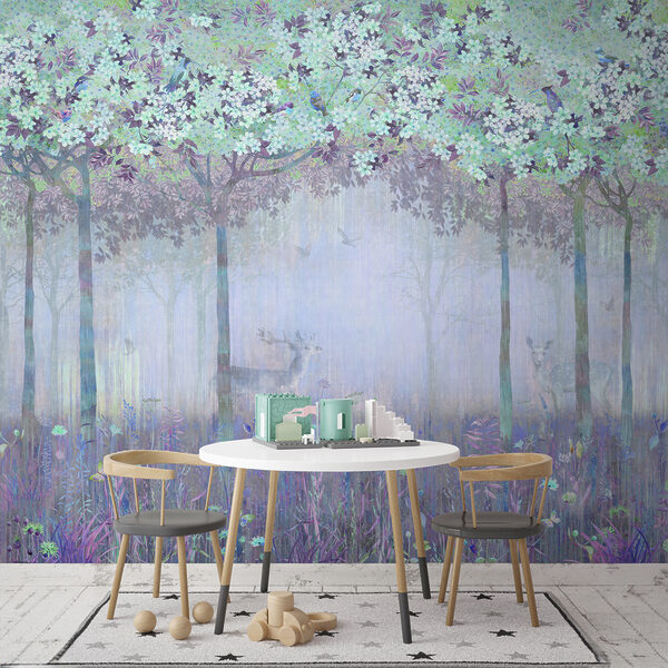 Un dipinto di una foresta con alberi e fiori Un dipinto di una foresta con alberi e fiori
