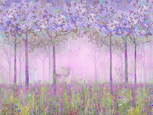 Un dipinto di una foresta con fiori Un dipinto di una foresta con fiori