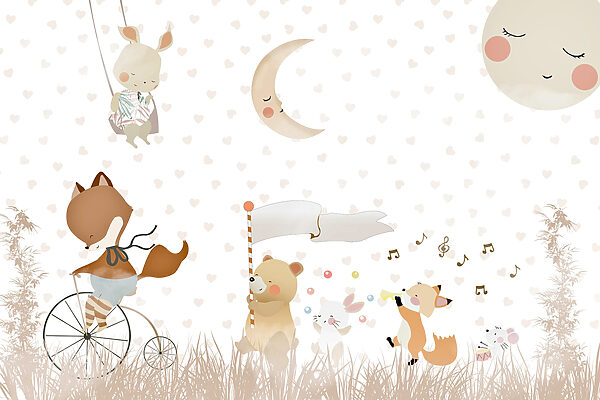 Una carta da parati con animali e luna Una carta da parati con animali e luna