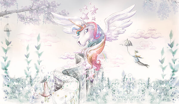 Un unicorno con le ali e una persona che vola Un unicorno con le ali e una persona che vola