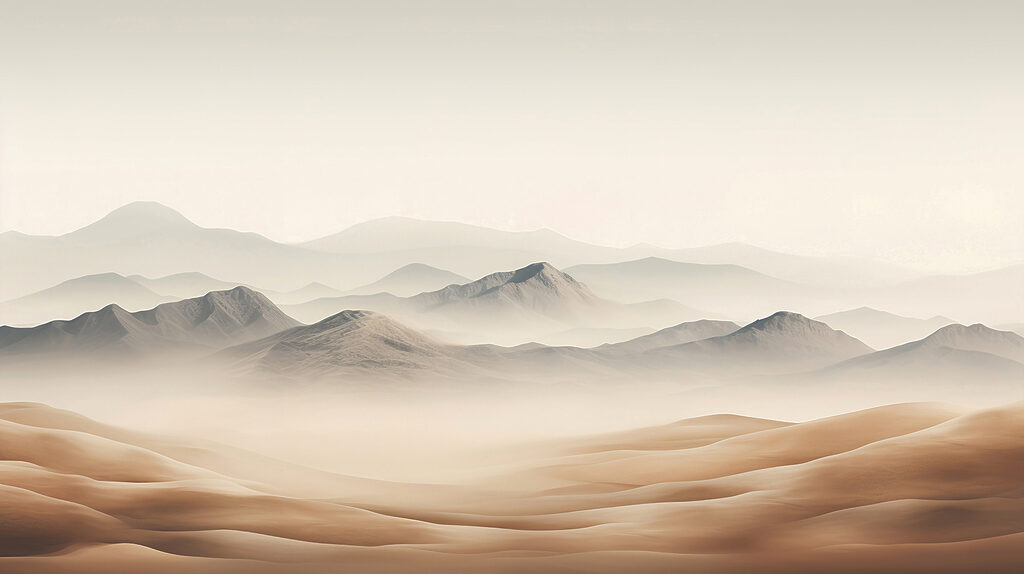 Un paesaggio desertico con colline e nebbia Un paesaggio desertico con colline e nebbia