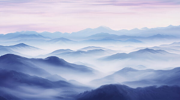 Un paesaggio di montagne con nebbia Un paesaggio di montagne con nebbia