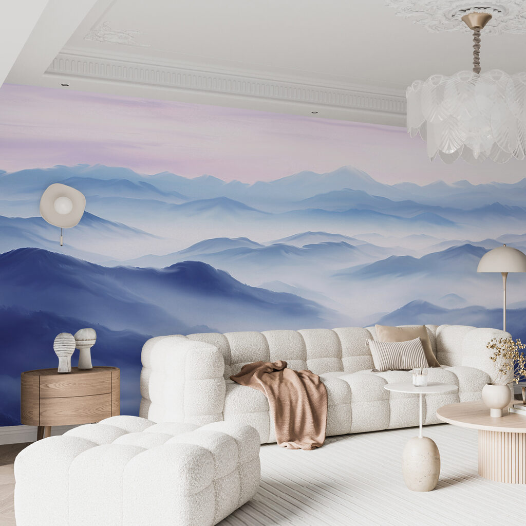 A landscape of mountains with fog