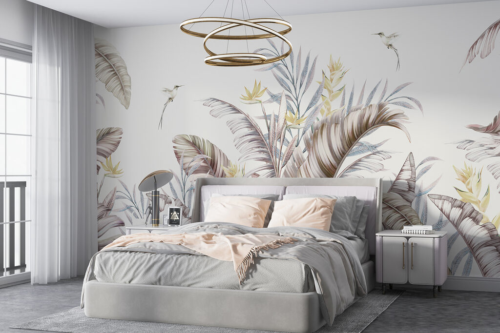 A painting of tropical plants and birds A painting of tropical plants and birds