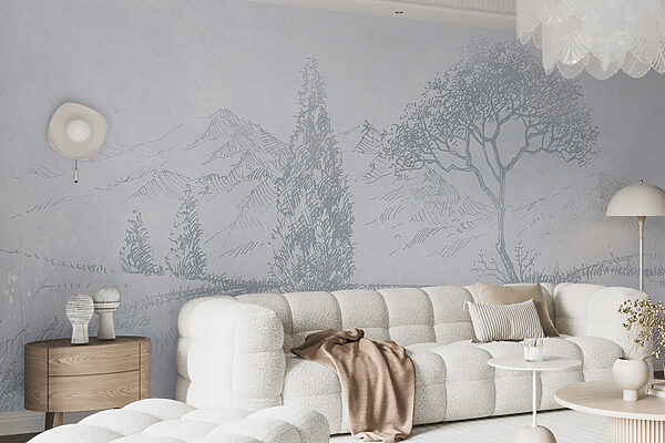 Disegno di un fiume con alberi e montagne Disegno di un fiume con alberi e montagne