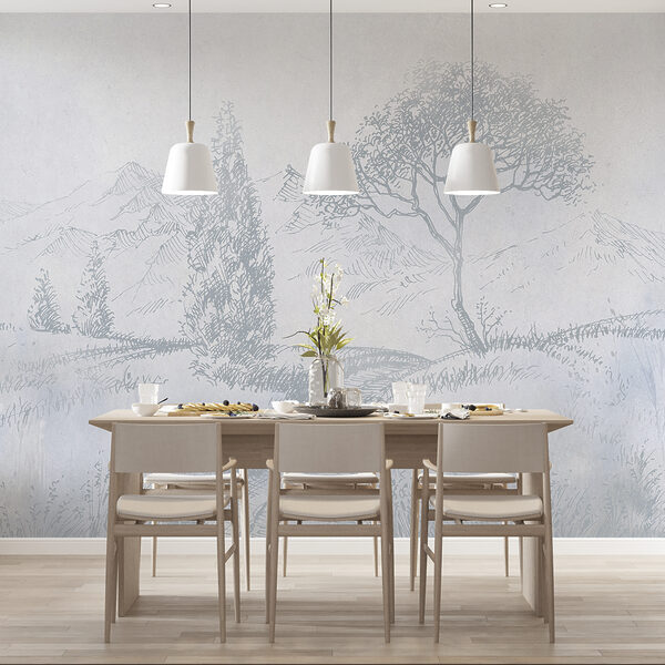 Disegno di un fiume con alberi e montagne Disegno di un fiume con alberi e montagne