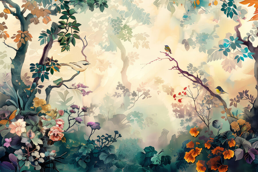 Un dipinto di un albero con fiori e foglie Un dipinto di un albero con fiori e foglie