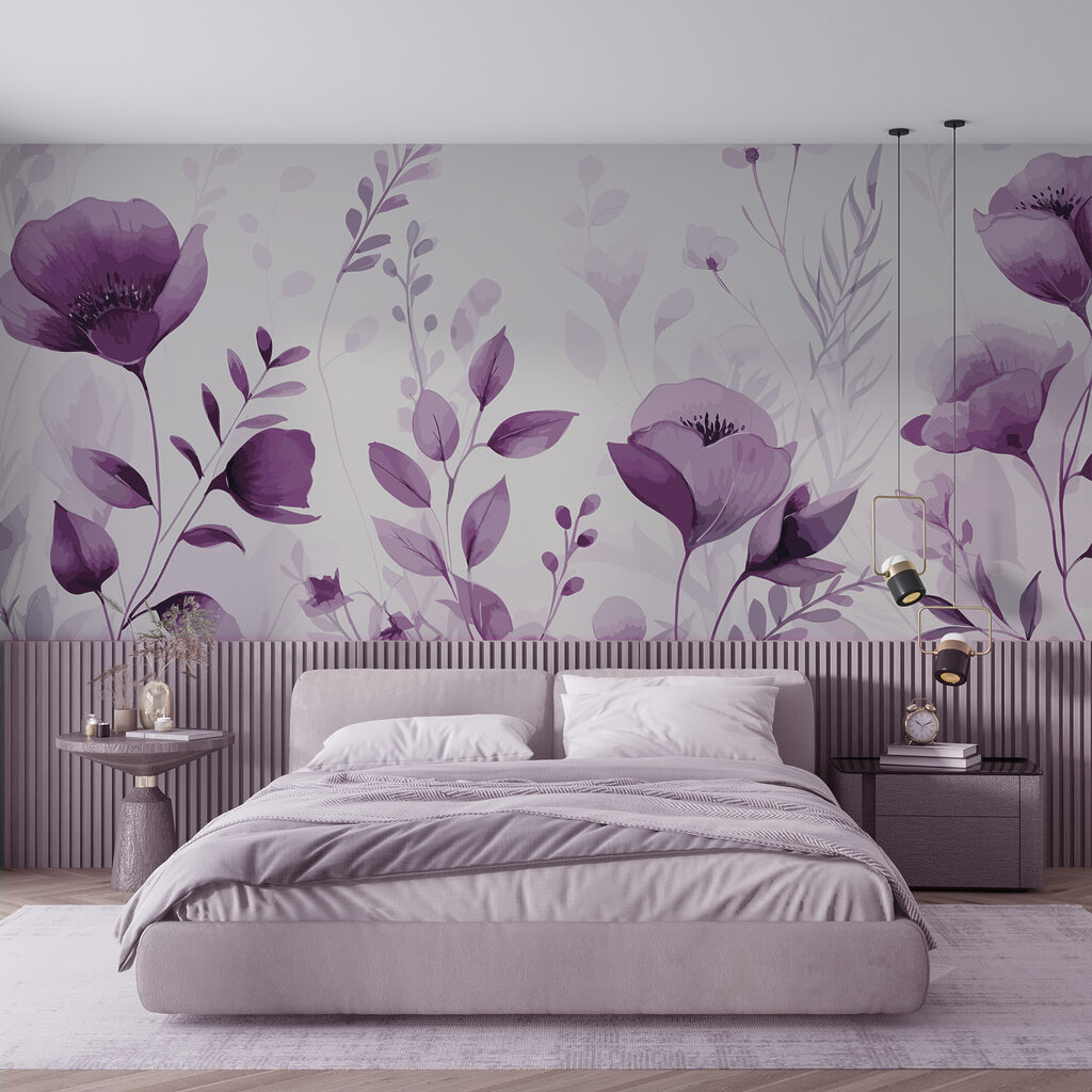 Purple flowers and leaves on a white background