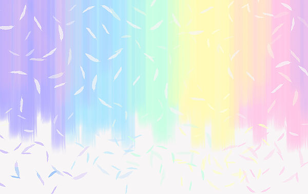 Uno sfondo color arcobaleno con piume bianche che cadono Uno sfondo color arcobaleno con piume bianche che cadono