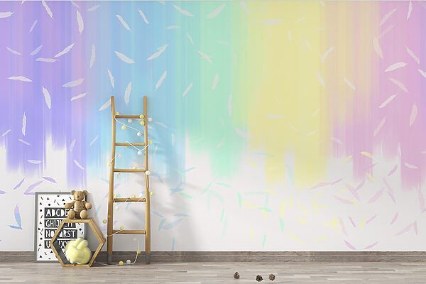 Uno sfondo color arcobaleno con piume bianche che cadono Uno sfondo color arcobaleno con piume bianche che cadono