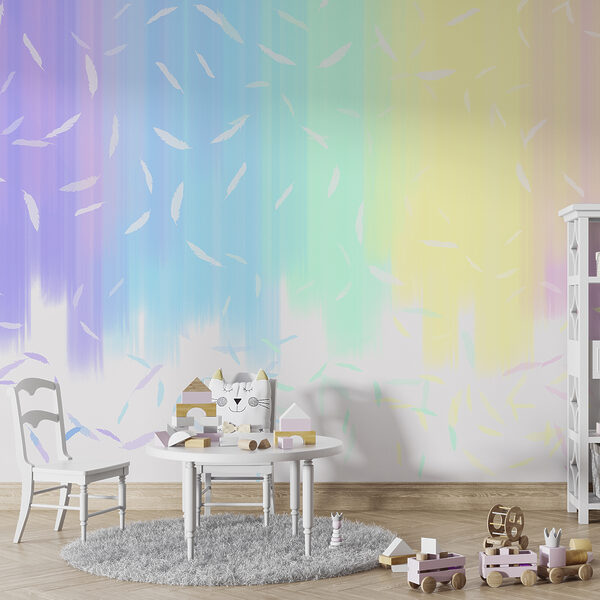 Uno sfondo color arcobaleno con piume bianche che cadono Uno sfondo color arcobaleno con piume bianche che cadono