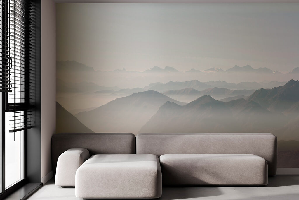 A mountain range with fog