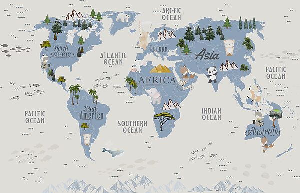 A map of the world with animals and birds A map of the world with animals and birds