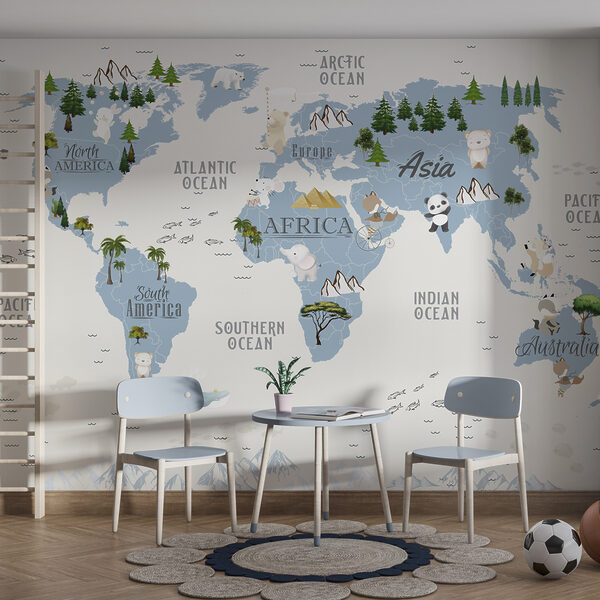Carta da parati Una mappa del mondo con animali e uccelli (COD: u99440) Carta da parati Carta da parati Una mappa del mondo con animali e uccelli (COD: u99440)