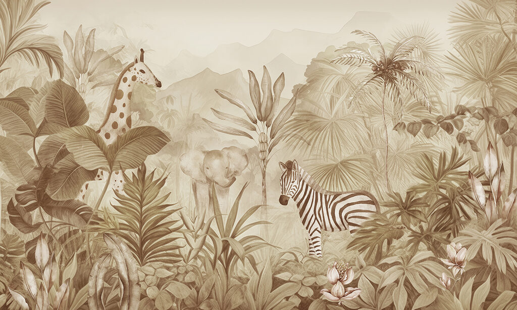 Una carta da parati con zebre ed elefanti in una giungla Una carta da parati con zebre ed elefanti in una giungla