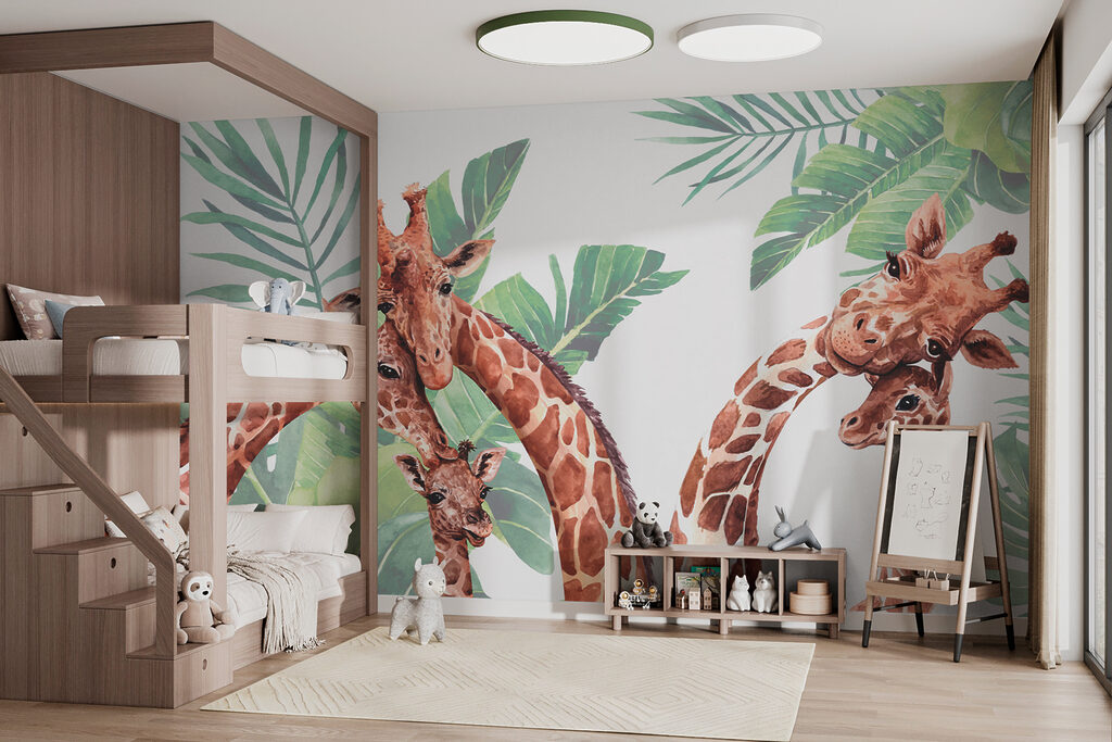 A group of giraffes with their heads in front of leaves