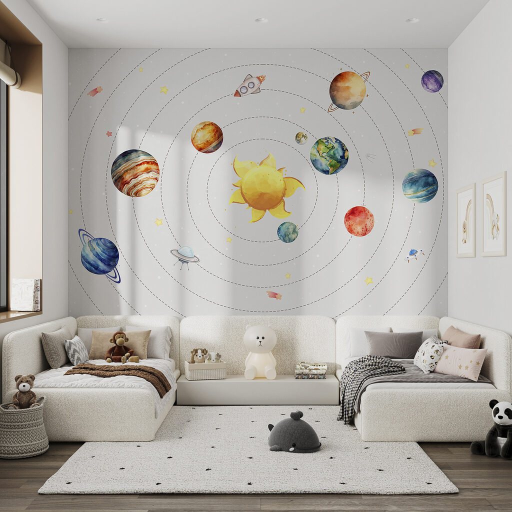 A solar system with planets and stars