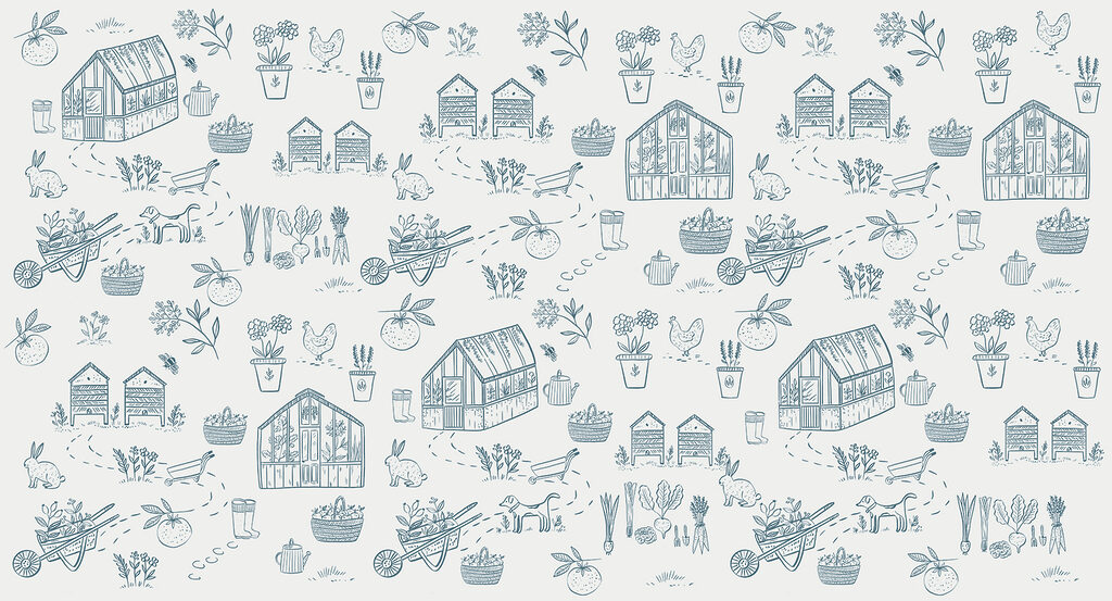 A pattern of gardening tools and plants A pattern of gardening tools and plants