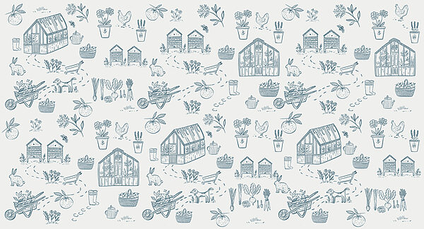 A pattern of gardening tools and plants A pattern of gardening tools and plants