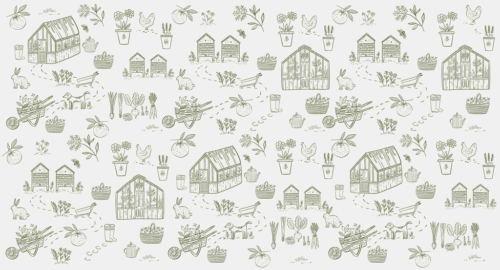 A pattern of gardening tools and plants A pattern of gardening tools and plants