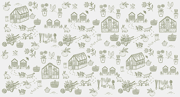 A pattern of gardening tools and plants A pattern of gardening tools and plants