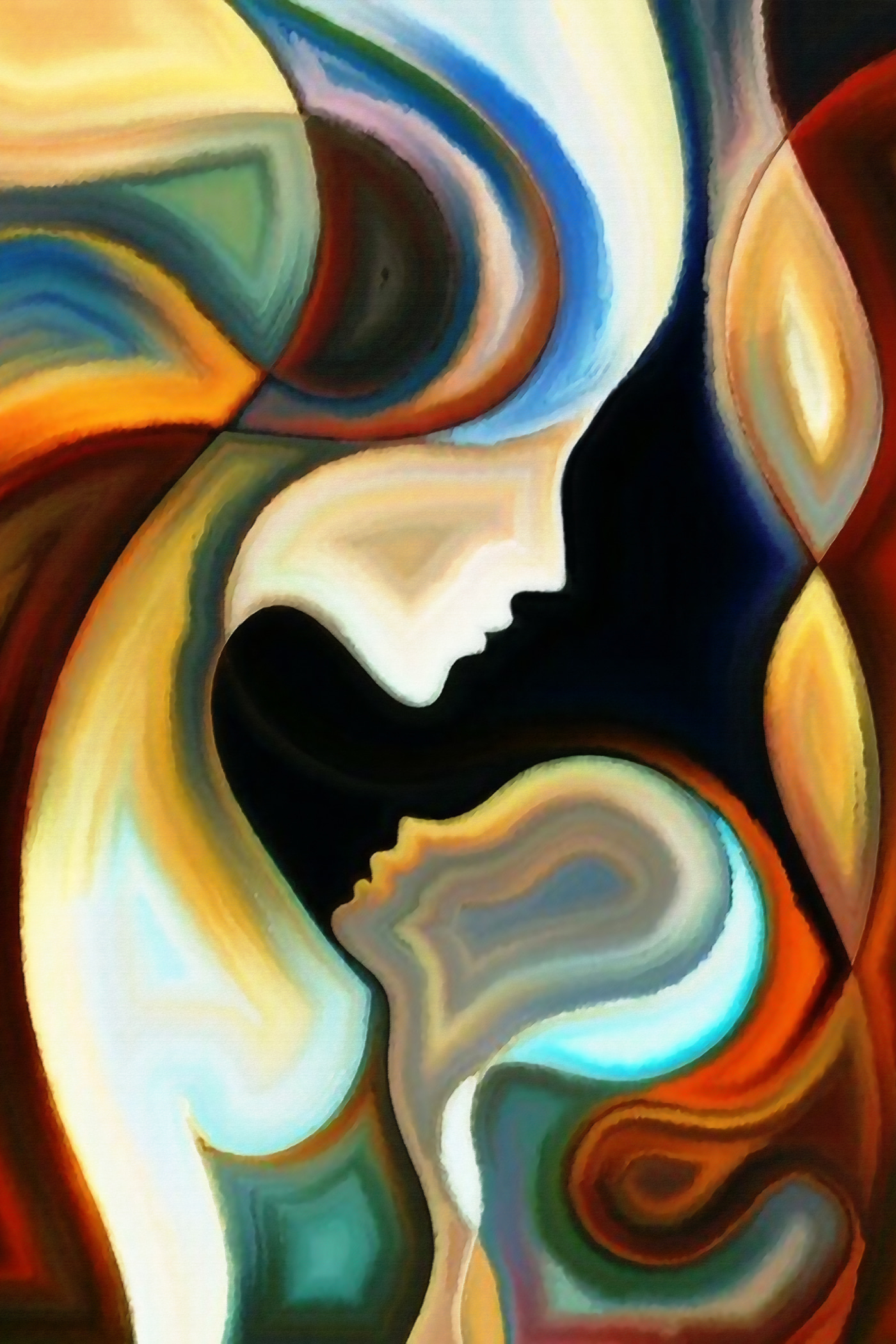 A colorful background with a couple of faces
