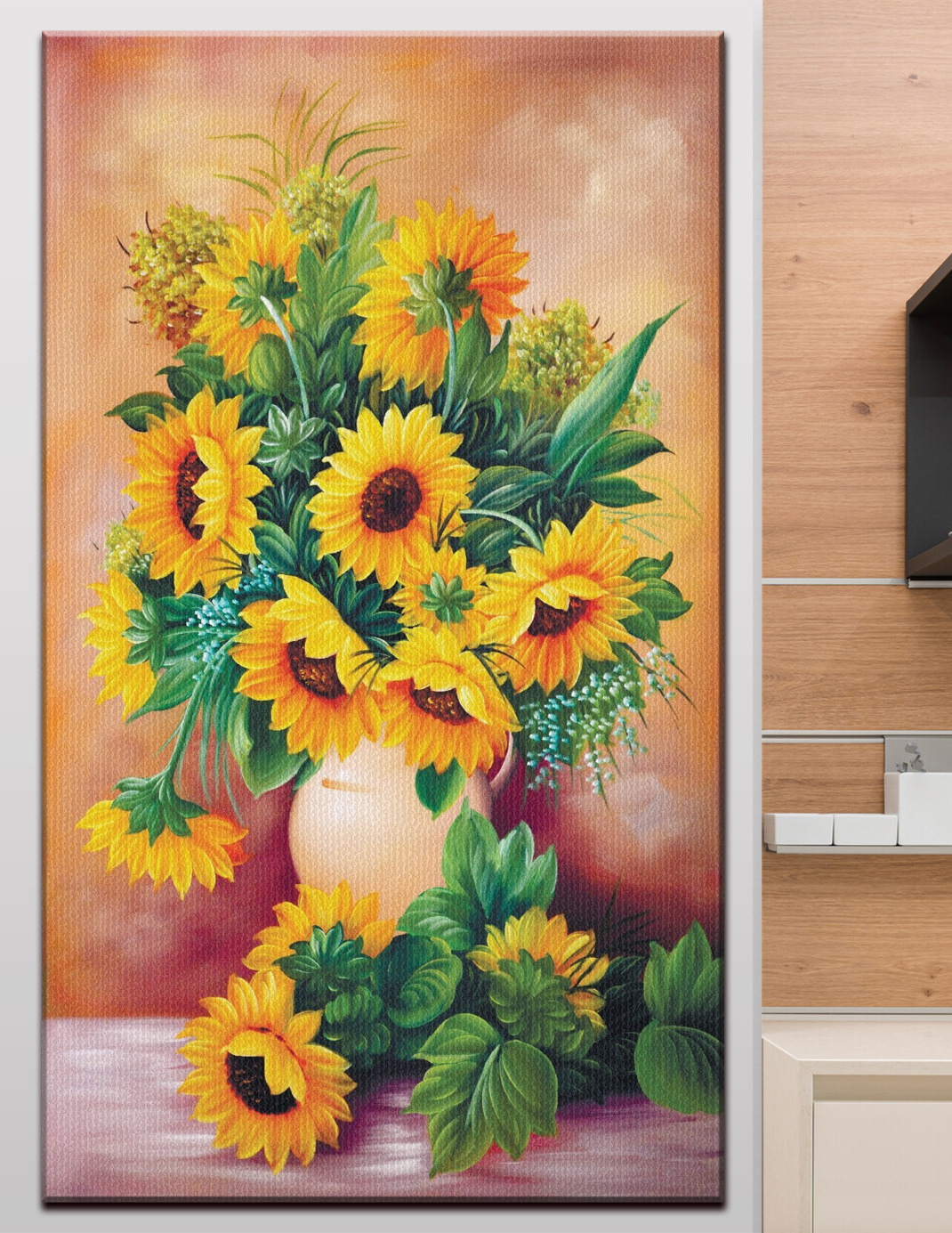A painting of sunflowers in a vase