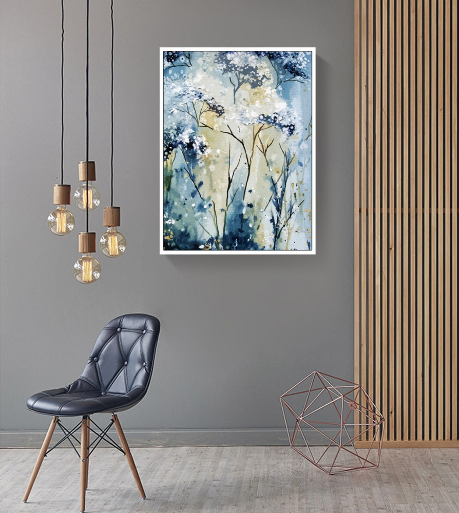 A painting of a white and blue plant